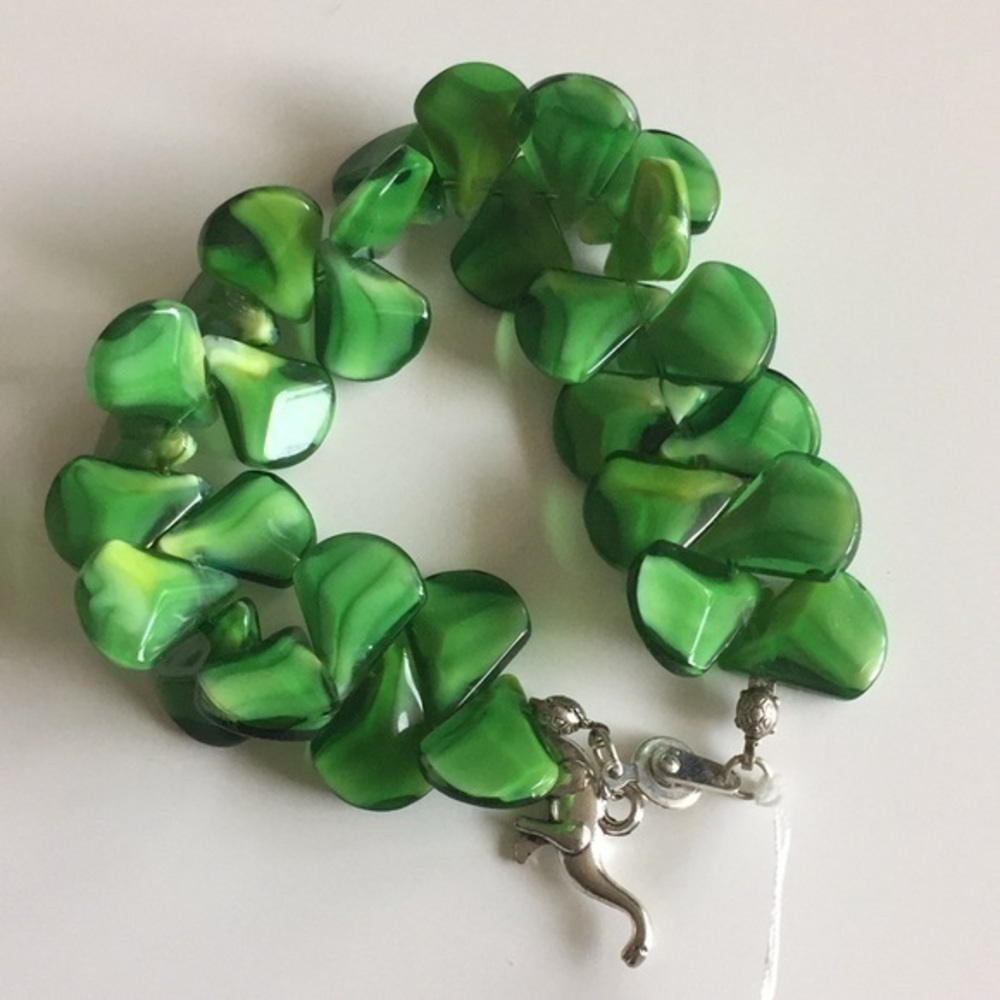 Handmade Chunky Green Glass Statement Bracelet 7.25” Trendy Bold Colorful
